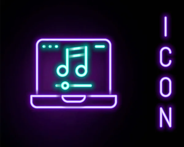 发光的霓虹灯线笔记本电脑与音乐符号屏幕图标隔离在黑色背景 五彩缤纷的概念 — 图库矢量图片