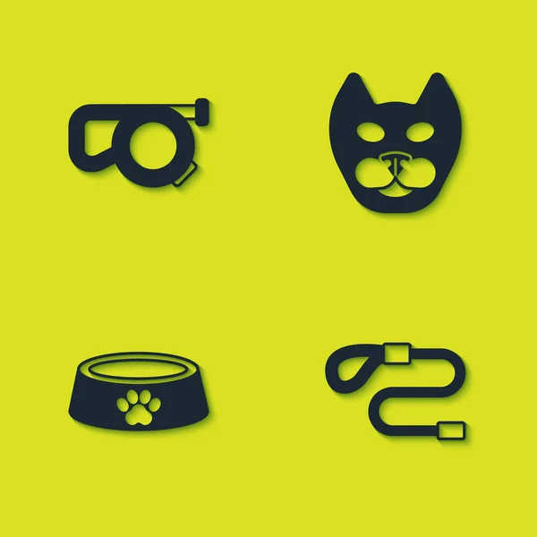 Set Retractable Cord Leash Pet Food Bowl Cat Icon Vector — 图库矢量图片