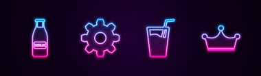 Cam şişe sütü ve kapağı ayarlayın, dişli dişli ayarları, su ve taçla. Parlayan neon ikonu. Vektör.