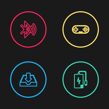 Satır İndirme Hattı, Güç Bankası, Gamepad ve Bluetooth bağlı simge ayarla. Vektör.
