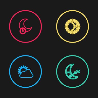 Set line Sun and cloud weather, Moon icon, Eclipse of sun and Sleeping moon icon. Vector.