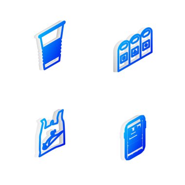 Set Isometric line Trash in garbage cans sorted, Paper glass, Dead bird, plastic and Stop pollution icon. Vector.