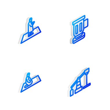 Isometric hattı Ortaçağ kadehini kur, Müslüman adam namaz kıl, ve yağ pompası ya da pompa ikonu. Vektör