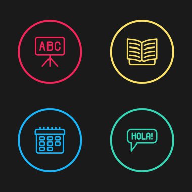 Satır çizelgesi, farklı dillerde Hola, Açık Kitap ve Chalkboard simgesi. Vektör