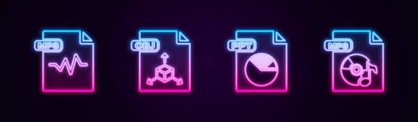 Set Line Mp3 File Document Obj Ppt Glowing Neon Icon — Stockvektor