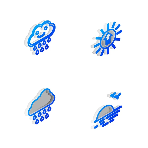 Setzen Sie Isometrische Linie Sonnenuntergang Wolke Mit Regen Und Symbol — Stockvektor