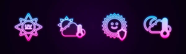 Set Line Protection Thermometer Cloud Sun Moon Glowing Neon Icon — Stockvektor