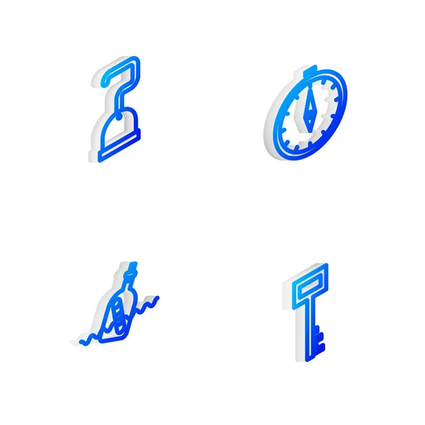 Isometric Line Compass Pirate Hook Bottle Message Water Key Icon — 스톡 벡터
