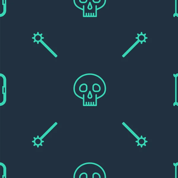 Set Line Skull Medieval Chained Mace Ball Bow Seamless Pattern — ストックベクタ