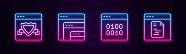 Définir Navigateur Ligne Avec Bouclier Logiciel Code Binaire Icône Lumineuse — Image vectorielle