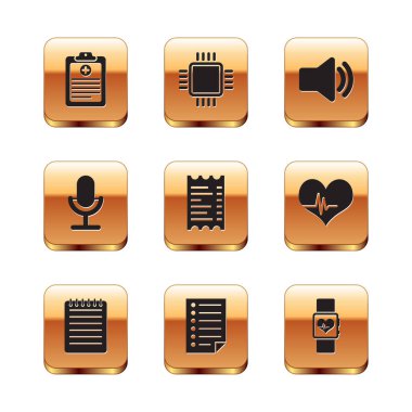 Klinik rekorunu, Not Defteri, Belge, Kağıt Finansal Kontrol, Mikrofon ve Hoparlör hacim simgesini ayarla. Vektör