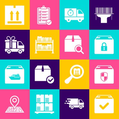 Paket kutusunu işaretli olarak ayarla, teslimat kalkanı, kilitli paket, kamyon ve kronometre, Depo, hediye, karton trafik ve arama simgesi. Vektör