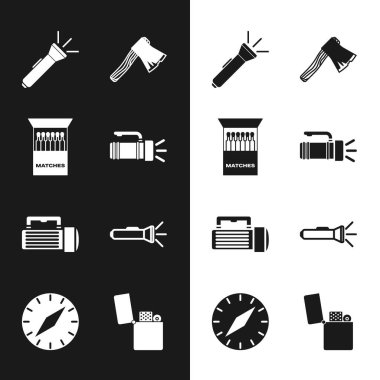 El feneri, kibrit kutusu ve kibrit kutusu, eski ahşap balta, Çakmak ve Pusula simgesi. Vektör