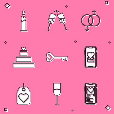 Yanan mum, bir kadeh şampanya, cinsiyet, kalpli düğün pastası, anahtar şekli, cep telefonu, kalp etiketi ve şarap bardağı ikonu. Vektör