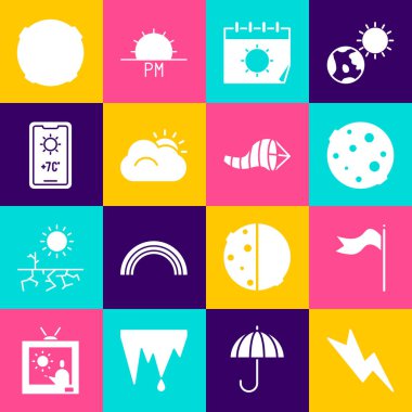Şimşek, Meteoroloji rüzgar gülü, Ay, Takvim ve Güneş, Güneş bulutu, Hava tahminleri ve Koni meteoroloji ikonu. Vektör