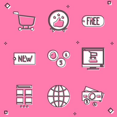 Alışveriş arabasını ayarla, tüketici veya müşteri ürün derecelendirmesi, Metni ücretsiz, yeni, bozuk para, bilgisayar, çevrimiçi alışveriş aracı ve dünya çapında simgesi olan fiyat etiketi. Vektör