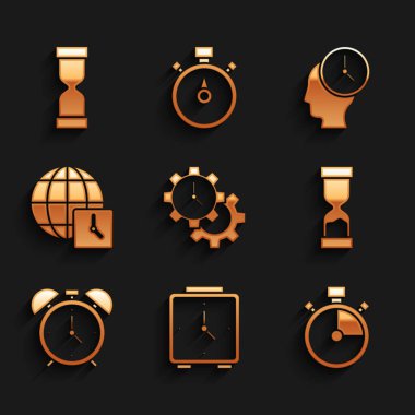 Zaman Yönetimi, Alarm Saati, Kum Saati, Eski Kum Saati, Dünya Zamanı ve ikon. Vektör