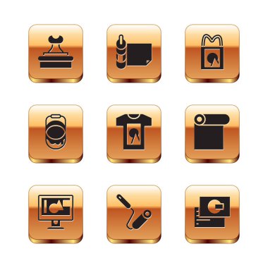 Pul, bilgisayar monitörü, boya fırçası, tişört, kova, kağıt alışveriş torbası, kartvizit ve rulo kağıt simgesi. Vektör