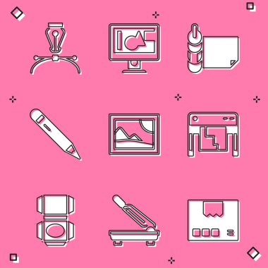 Fıskiye ucu, bilgisayar monitörü ekranı, silgiyle rulo kağıt, resim manzarası, çizer, karton karton kutu ve kağıt kesici simgesi ayarlayın. Vektör