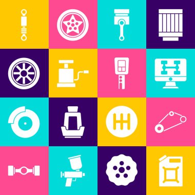 Benzin, zaman ayarlı kemer kiti, arabanın tanısal durumu, motor pistonu, araba pompası, tekerlek, uzaktan kumandalı şok emici ve anahtar ayarlayın. Vektör