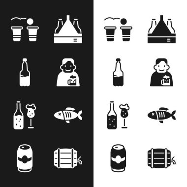 Mutlu Adam 'ı bira, plastik şişe, bira pong oyunu, şişe ve cam paketleri, kurutulmuş balık, ahşap fıçı rafı ve konserve ikonu ile ayarla. Vektör