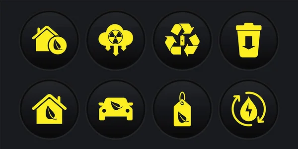Set Eco friendly house, Send to the trash, car drive with leaf, Tag, Battery recycle, Acid rain and radioactive cloud, Recycle clean aqua and icon. Vector — Image vectorielle