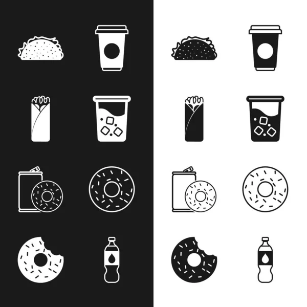 Set Glass with water, Burrito, Taco tortilla, Coffee cup, Aluminum can soda and donut, Donut, Bottle and icon. Vector — Vetor de Stock