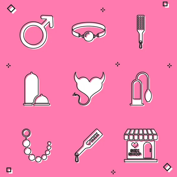 Set Male gender symbol, Silicone ball gag, Spanking paddle, Condoms safe sex, Devil heart with horns, Penis pump, Anal beads and icon. Vector — Stockvector