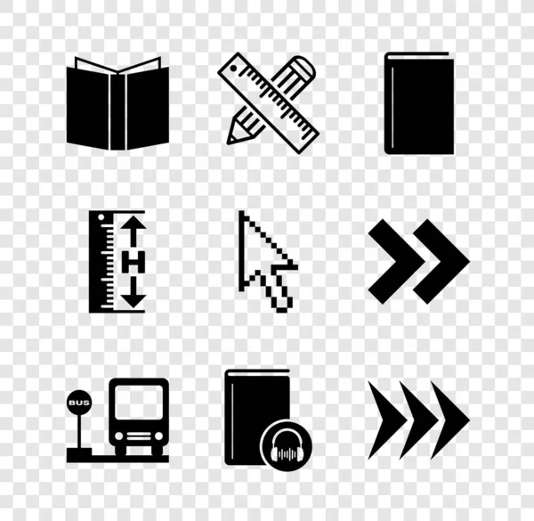 Set Open boek, Kruispunt liniaal en potlood, Boek, Bushalte, Audio, Pijl, Lengte meten en Pixel pijlcursor pictogram. Vector — Stockvector