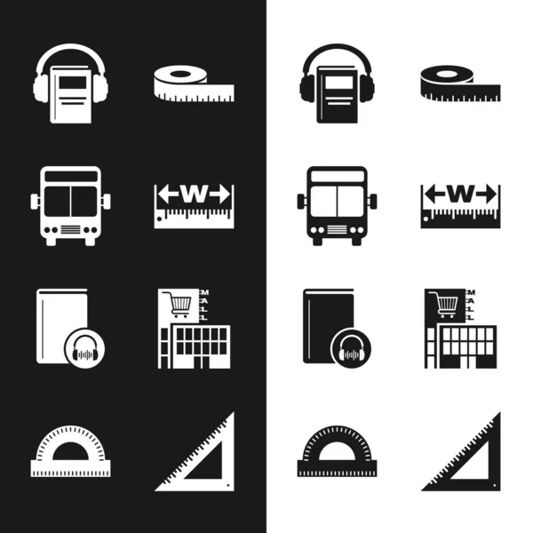 Set Measuring height and length, Bus, Audio book, Tape measure, Mall or supermarket building, Triangular ruler and Protractor grid icon. Vector — Archivo Imágenes Vectoriales