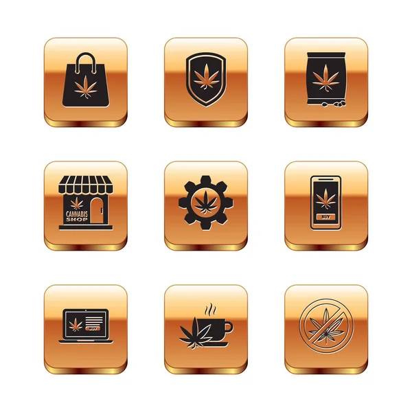 Set Shopping bag of marijuana, Online buying, Cup tea with, Test tube, Marijuana and cannabis store, seeds, Stop and Shield icon. Vector — Stockvector