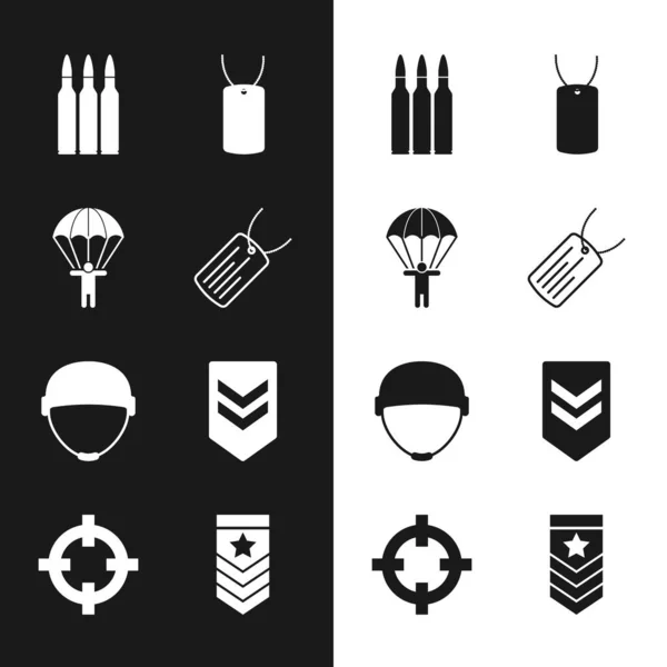 Conjunto militar perro etiqueta, paracaídas, bala, casco, Chevron, y el objetivo icono del deporte. Vector — Vector de stock