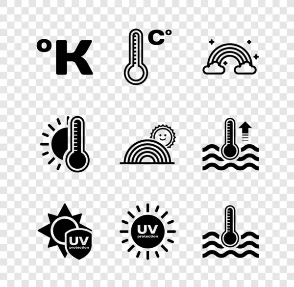 Set Kelvin, Termómetro meteorológico, Arco iris con nubes, Protección UV, Agua, Termómetro sol e icono. Vector — Archivo Imágenes Vectoriales