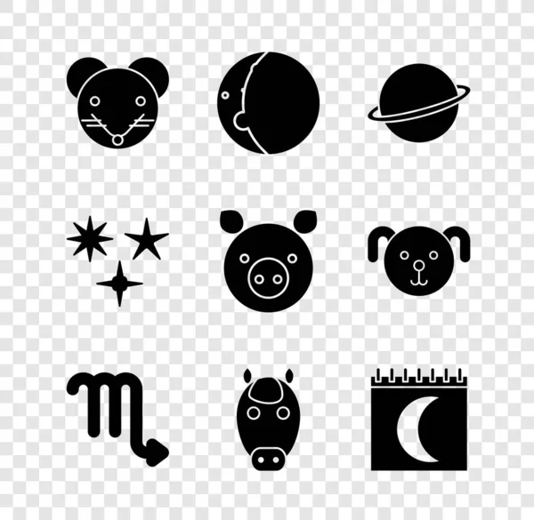 Set Rat zodiac, Eclipse of the sun, Planet Saturn, Scorpio, Horse, Moon phases calendar, Falling star and Pig icon. Vector — Stok Vektör