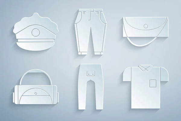 Set Pants, Clutch bag, Sport, Polo shirt, and Police cap with cockade icon. Vector — Διανυσματικό Αρχείο