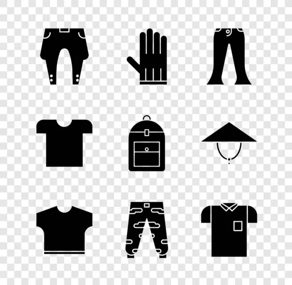Set Pants, Leather glove, T-shirt, Camouflage cargo pants, Polo, and Backpack icon. Vector — Stock Vector