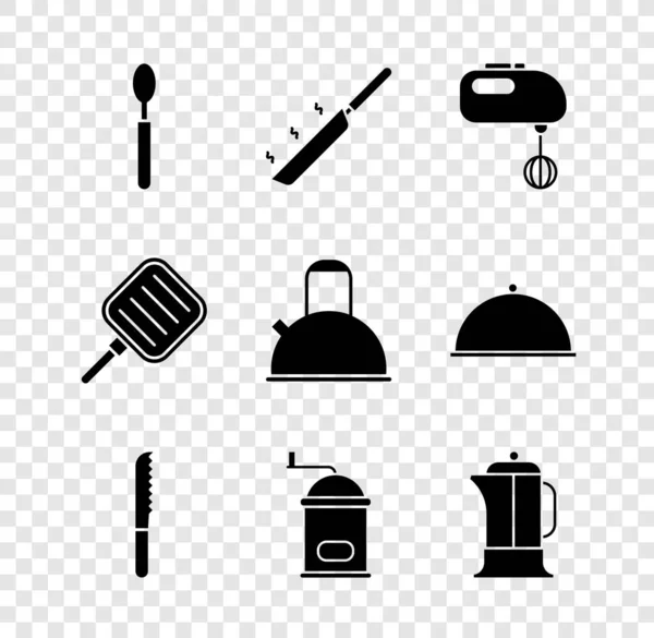 Set Spoon, Frying pan, Electric mixer, Bread knife, Manual coffee grinder, French press, and Kettle with handle icon. Vector — Stock vektor