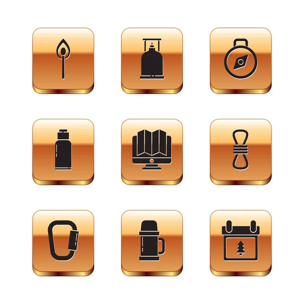 Set Burning match with fire, Carabiner, Thermos container, Location of the forest monitor, Canteen water bottle, Compass, Calendar tree and Camping gas stove icon. Vector — Vettoriale Stock