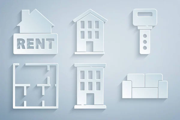 Set House, key, plan, Sofa, and Hanging sign with Rent icon. Vector — Stok Vektör