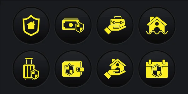 Set Travel suitcase with shield, House flood, Wallet, insurance, Hand holding briefcase, Money, Calendar and icon. Vector — Image vectorielle