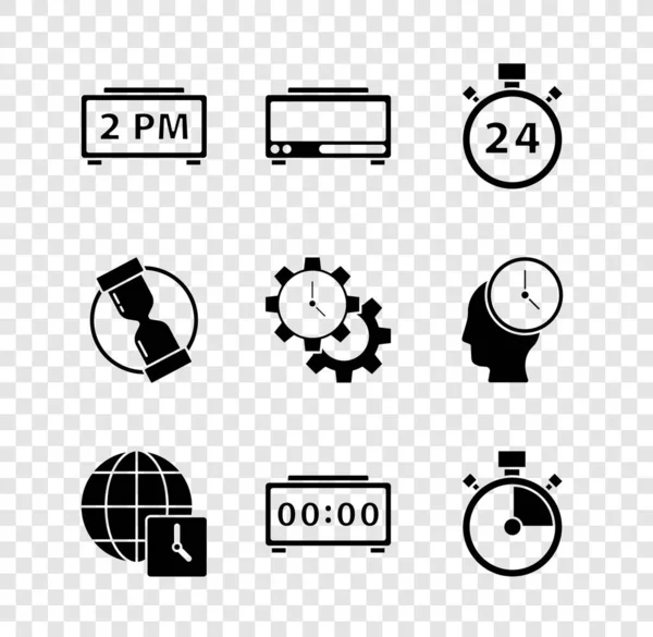 Set Digital alarm clock, Stopwatch 24 hours, World time, Old hourglass and Time Management icon. Vector — Archivo Imágenes Vectoriales