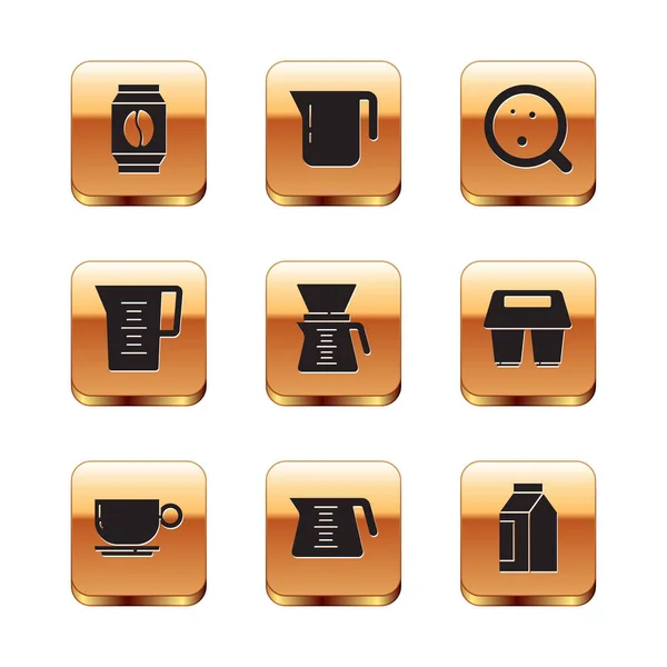 Set Sacchetto di chicchi di caffè, Tazza di caffè, pentola, Versare sopra macchina, Vetro brocca con acqua, e icona. Vettore — Vettoriale Stock