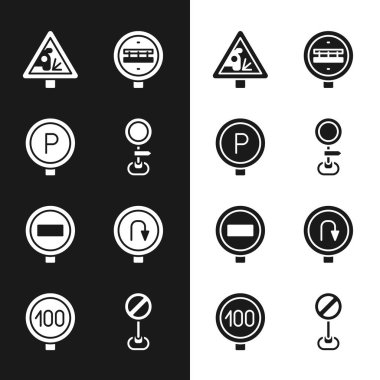 Trafik levhası, park yeri, uyarı yolu, demiryolu kavşağı, dur, geri dön ve hız sınırı simgesini ayarla. Vektör