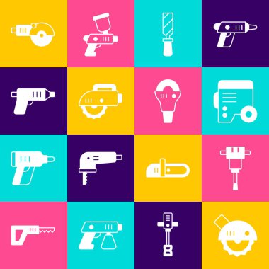 Elektrikli testere, inşaat matkabı, elektrik jeneratörü, Rasp metal dosyası, kablosuz tornavida, açılı değirmen ve simge. Vektör