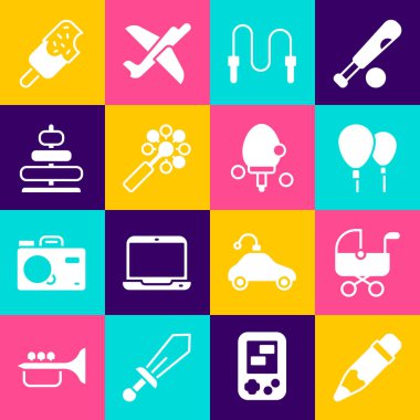 Silgi, bebek arabası, balon, ip atlama, oyuncak bebek, piramit, dondurma ve raket ikonlarıyla doldur. Vektör
