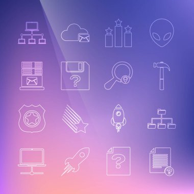 Satırı ayarla Bilinmeyen belge, Dizin ağacı, Çekiç, Sıralama yıldızı, Posta sunucusu, Bilgisayar ağı ve Arama konumu simgesi. Vektör