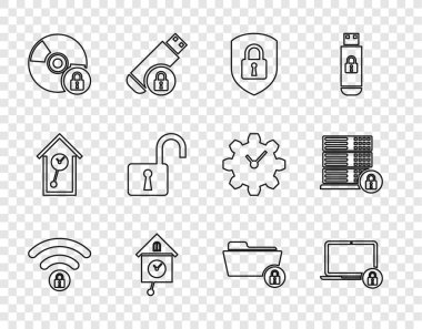 Wifi satırı kilitlendi, dizüstü bilgisayar ve Kalkan güvenliğini Retro duvar saati, CD veya DVD diski, Aç asma kilit, Dizin ve Sunucu simgesi ile ayarla. Vektör