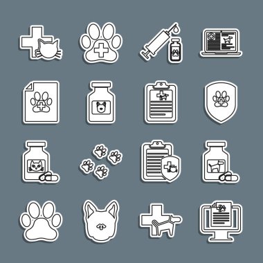 Hat klinik kayıt hayvanını monitöre, köpek ilacı şişesine ve haplara, hayvan sağlığı sigortasına, aşılı şırıngaya, köpek kedisine tıbbi sertifikaya, veteriner kliniğine ve ikona ayarla. Vektör