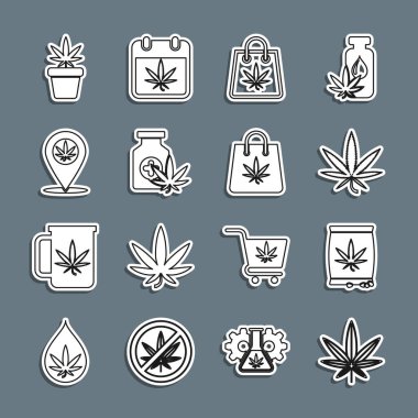 Marihuana, kenevir yaprağı, tohum, esrar alışveriş torbası, tıbbi şişe, konum ve ot ve ikon. Vektör