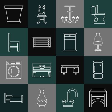 Sıralı sandalye, buzdolabı, ofis sandalyesi, avize, çekmece sandığı, saksı ve büyük yatak ikonu. Vektör